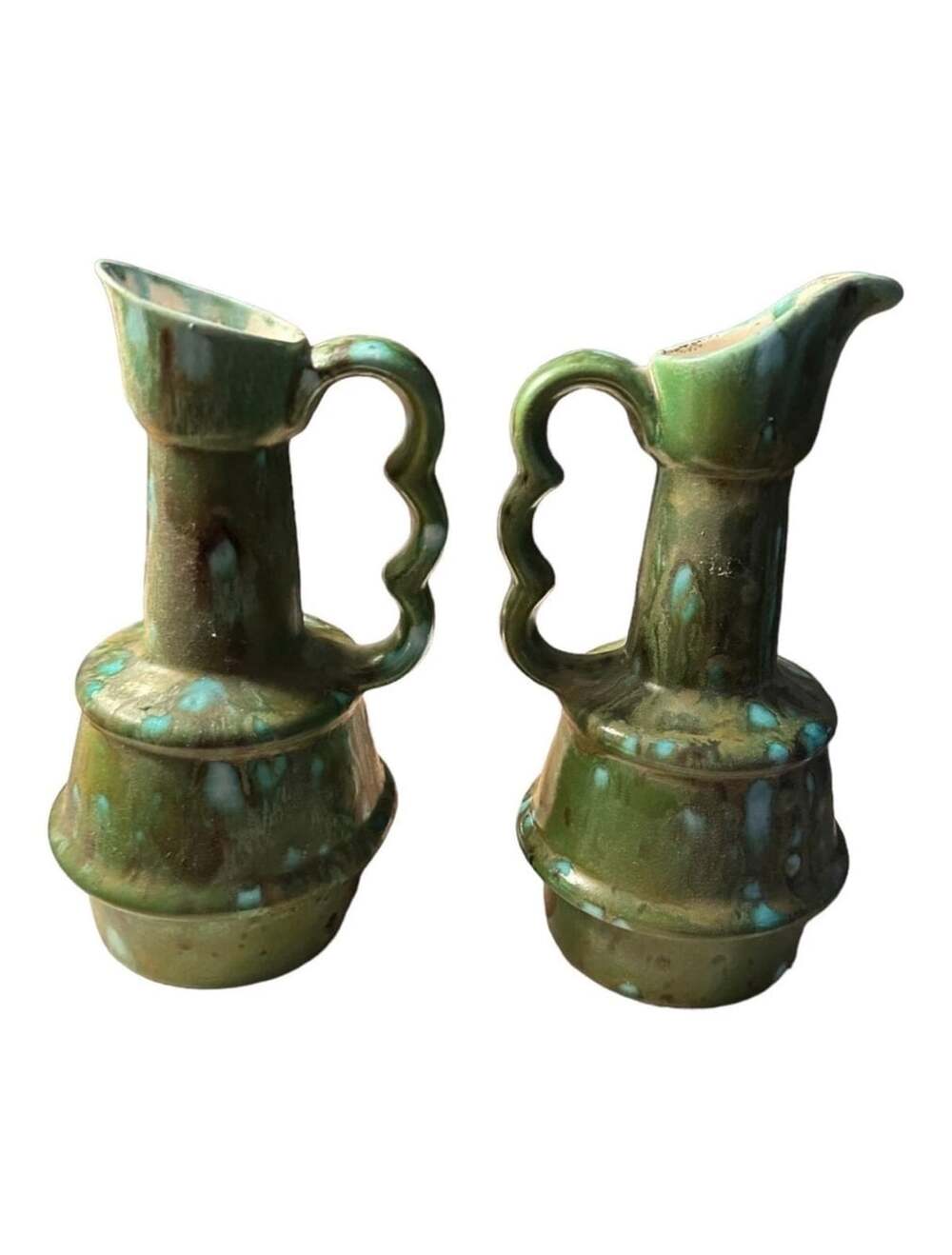 2 Decorative vase pitchers Studio pottery 6” green speckled drip glaze Vintage